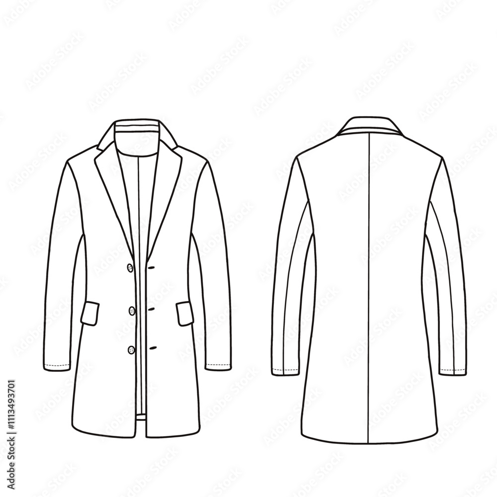 Men's classic trench overcoat single-breasted coat jacket line art. Isolated on a white background Men's classic trench overcoat single-breasted coat jacket line art. Isolated on a white background