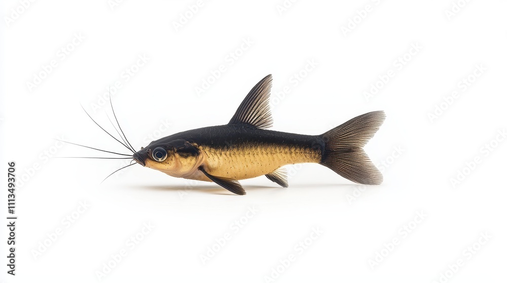 Fototapeta premium Detailed Close-Up of a Black and Gold Catfish Showcasing Unique Features, Vibrant Coloration, and Graceful Fin Structure against a Clean White Background