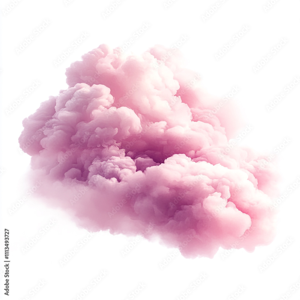 Fototapeta premium A single, fluffy, pink cloud isolated on a white background. The cloud should have a watercolor-like texture, with soft edges and a gradient of pink to white.