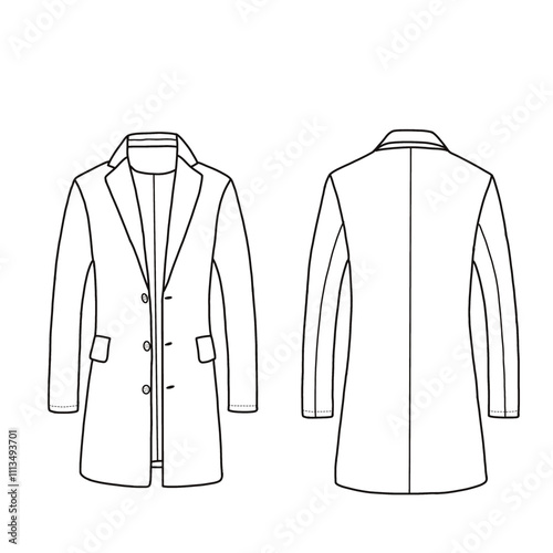 Men's classic trench overcoat single-breasted coat jacket line art. Isolated on a white background