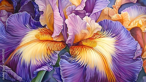 Vivid Purple and Gold Iris Blooms Close Up