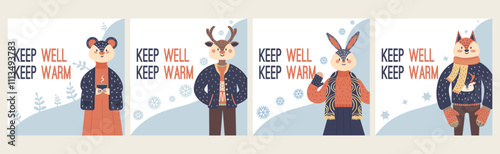 Happy holidays. Winter animal greeting cards. Keep well keep warm postcards