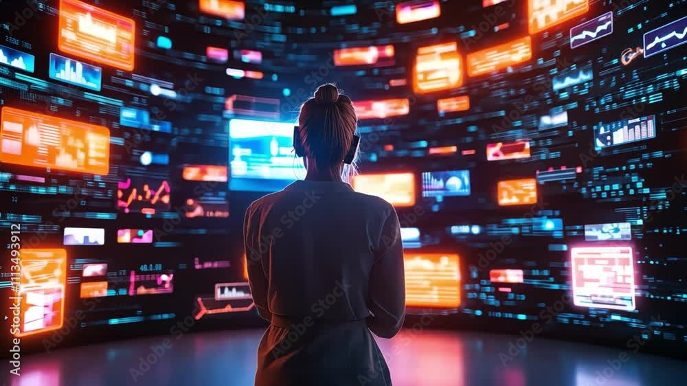 A person observes multiple screens displaying vivid data and graphics, reflecting the digital age and technology advancements. A person observes multiple screens displaying vivid data and graphics, reflecting the digital age and technology advancements.
