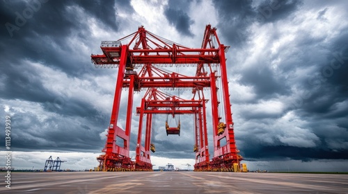 Red Gantry Cranes Under a Dramatic Stormy Sky photo