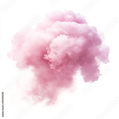 A single, fluffy, pink cloud isolated on a white background. The cloud should have a watercolor-like texture, with soft edges and a gradient of pink to white.