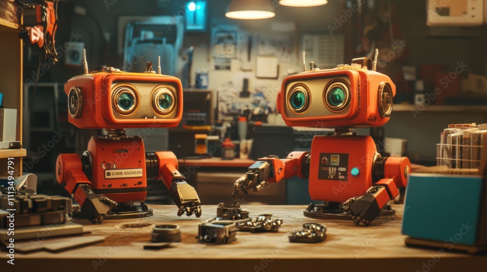 Fototapeta premium Two Adorable Vintage Robots Engaged in Play, Surrounded by Tools and Gadgets in a Cozy Workshop Environment Filled with Creative Energy and Details