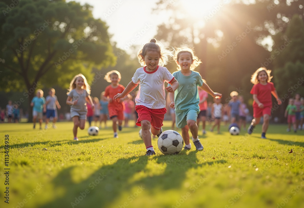 Group of Children Playing Football on a Grass Field in a Park Group of Children Playing Football on a Grass Field in a Park