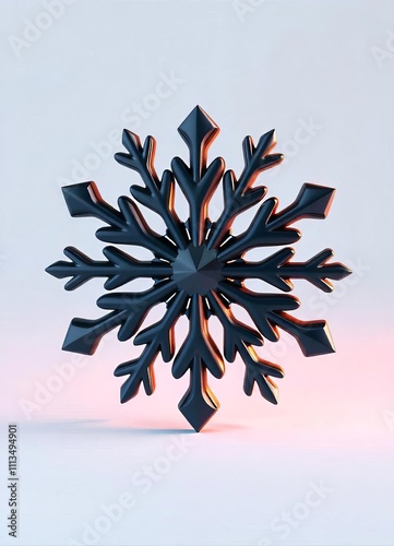 Fototapeta 3D black snowflake frost icon with sharp geometric edges and a smooth glossy on a white background