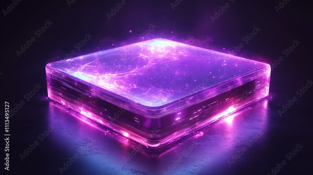 Glowing purple crystal cube on dark surface. Glowing purple crystal cube on dark surface.