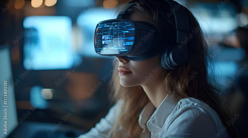 Woman Using Virtual Reality Headset for Immersive Gaming Experience in Modern Technology Setup Woman Using Virtual Reality Headset for Immersive Gaming Experience in Modern Technology Setup