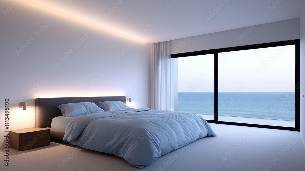 Modern Minimalist Bedroom with Ocean View, Soft Blue Bedding, and Natural Light Highlighting Clean Lines and Tranquil Ambiance for Relaxation and Serenity Modern Minimalist Bedroom with Ocean View, Soft Blue Bedding, and Natural Light Highlighting Clean Lines and Tranquil Ambiance for Relaxation and Serenity