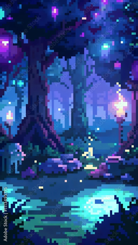 Enchanted forest at night pixel art background. 8-bit game assets
