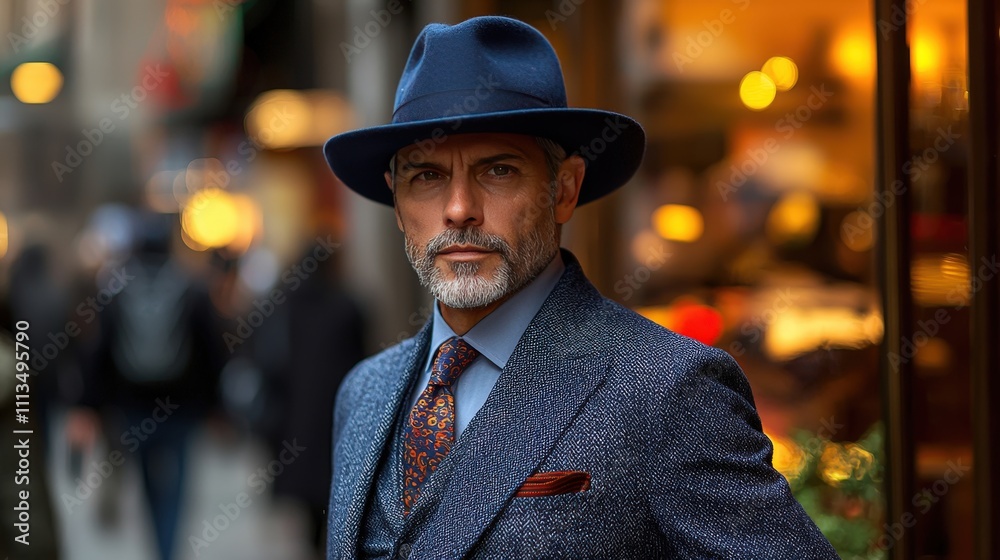 Distinguished man in blue suit and hat standing on busy city street Distinguished man in blue suit and hat standing on busy city street