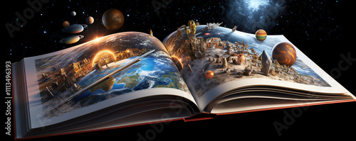 Exploring distant worlds through an open book showing cosmic adventures and alien landscapes at nighttime