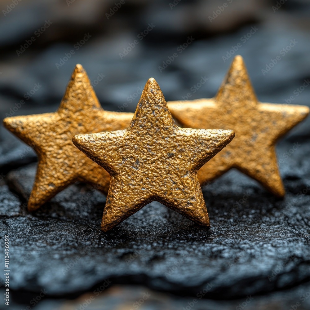 Three textured golden star shapes on a dark background. Three textured golden star shapes on a dark background.