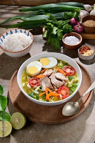 Soto Ayam Jogja is a Javanese chicken soup with clear broth, shredded chicken, vermicelli, hard-boiled egg, and spices, served with rice, lime, tomato slices and sambal. photo