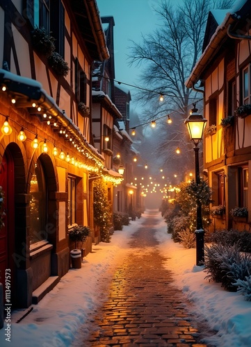 Wallpaper Mural Christmas lights on a German street, snowing weather, no people, fir branches, poinsetiae Torontodigital.ca