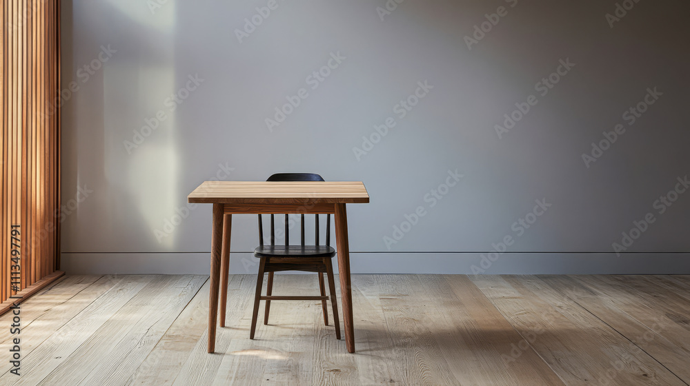 Cozy wooden chair and table in a minimalist room with natural light Cozy wooden chair and table in a minimalist room with natural light