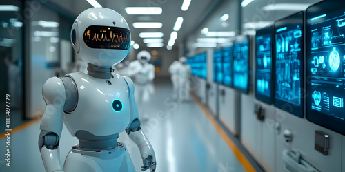 Wallpaper Mural A futuristic robot in a high-tech lab with glowing screens and scientists in the background. Torontodigital.ca