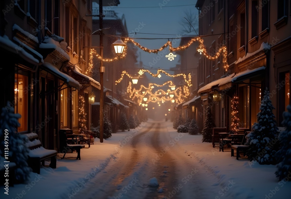 Fototapeta premium Christmas lights on a German street, snowing weather, no people, fir branches, poinsetiae