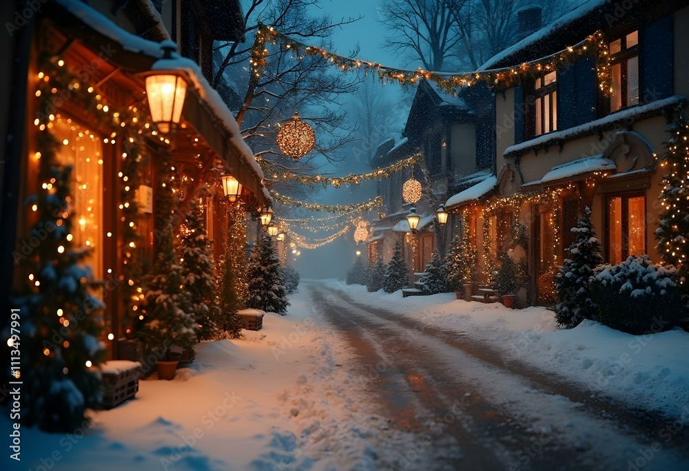Christmas lights on a German street, snowing weather, no people, fir branches, poinsetiae Christmas lights on a German street, snowing weather, no people, fir branches, poinsetiae
