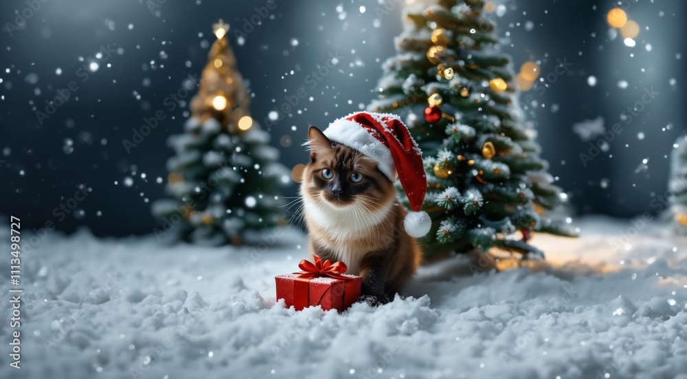 Cat in Santa hat on Christmas tree. Funny Cat in red Santa hat with Christmas gift on winter snow greeting card. Cat in Christmas Santa hat near Christmas tree on snow winter outdoor. New Year banner. Cat in Santa hat on Christmas tree. Funny Cat in red Santa hat with Christmas gift on winter snow greeting card. Cat in Christmas Santa hat near Christmas tree on snow winter outdoor. New Year banner.