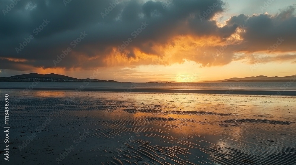 A dramatic sunset sky with a distant thunderstorm brewing on the horizon over a calm, empty beach. A dramatic sunset sky with a distant thunderstorm brewing on the horizon over a calm, empty beach.