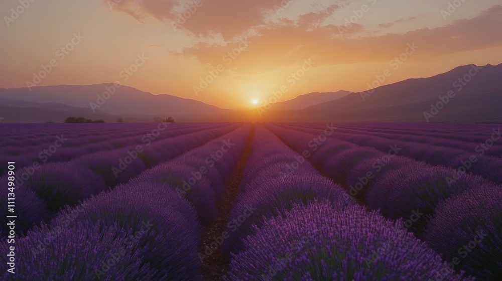 Lavender Field at Sunset with Mountains in the Background Lavender Field at Sunset with Mountains in the Background