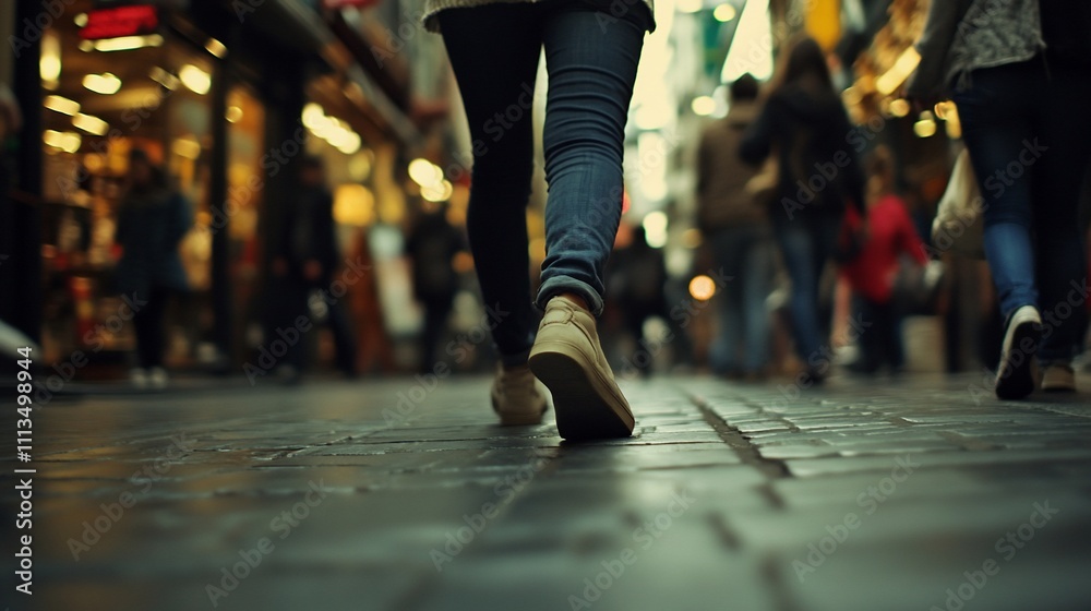 Fototapeta premium Pedestrians walking down a city street. A low-angle view focusing on the feet of people walking through a bustling urban area, with blurred figures of other pedestrians in the background.