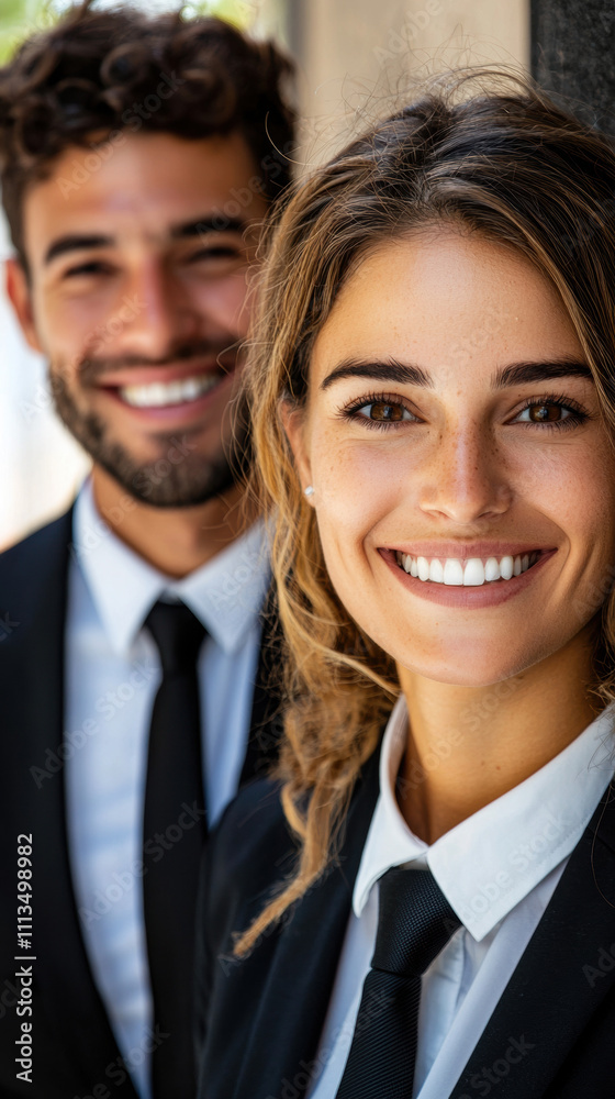 A smiling man and woman in professional attire posing together, showcasing confidence and camaraderie in a bright outdoor setting. A smiling man and woman in professional attire posing together, showcasing confidence and camaraderie in a bright outdoor setting.
