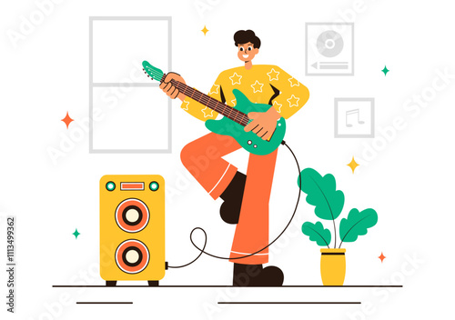 Music School Illustration Featuring Various Musical Instruments, Learning Music Education, and Performing as Musicians and Singers in a Background