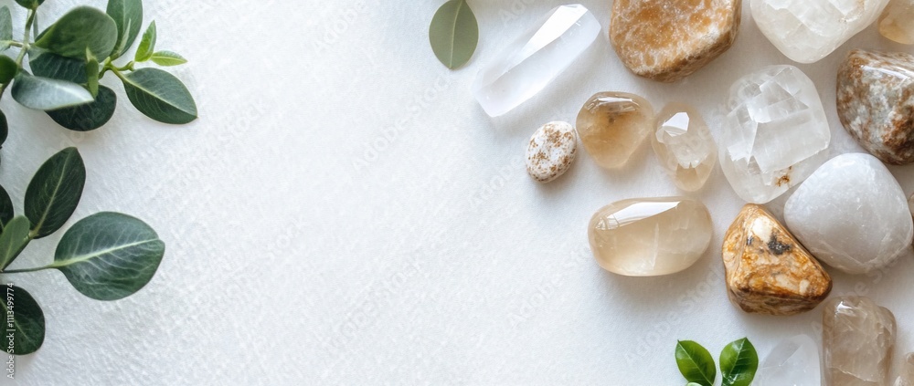 A collection of various crystals and stones with greenery. A collection of various crystals and stones with greenery.