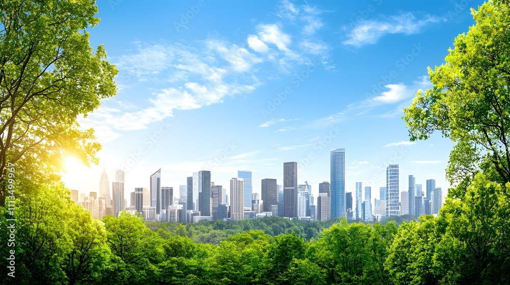 Urban Skyline at Sunrise Modern Architecture Overlooking Lush Green Nature in a Vibrant City Landscape Urban Skyline at Sunrise Modern Architecture Overlooking Lush Green Nature in a Vibrant City Landscape