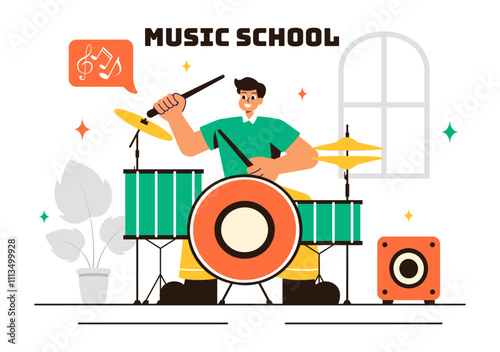 Music School Illustration Featuring Various Musical Instruments, Learning Music Education, and Performing as Musicians and Singers in a Background