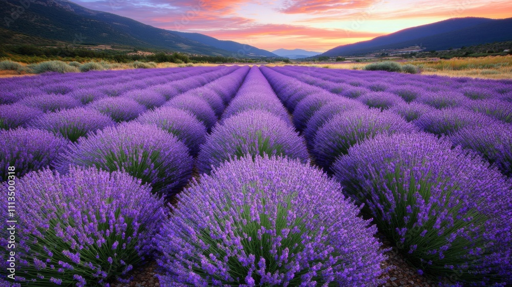 Fototapeta premium Lavender Field at Sunset with Mountain Background