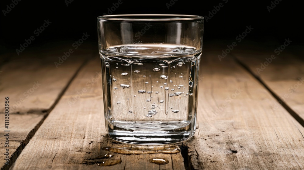 A glass of clear, distilled water with droplets on the surface, placed on a wooden table A glass of clear, distilled water with droplets on the surface, placed on a wooden table
