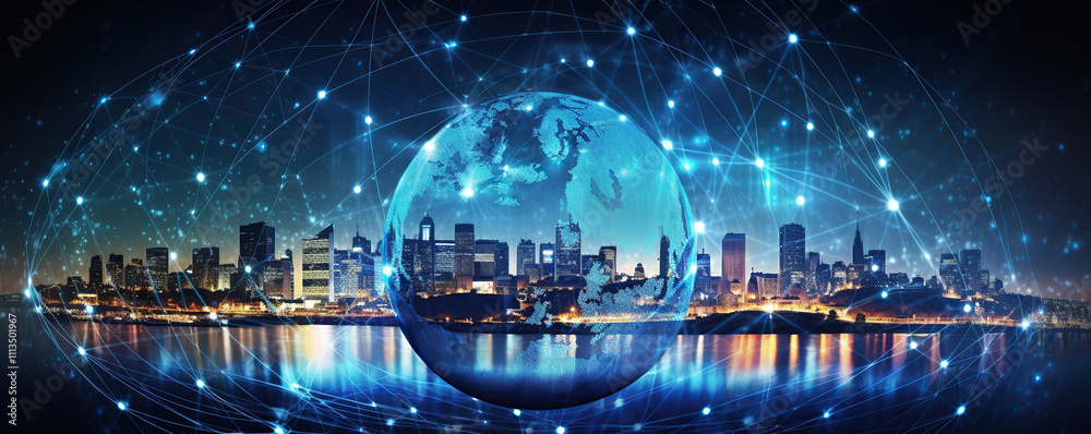 Obraz premium City skyline illuminated at night with digital connections and a globe in the foreground