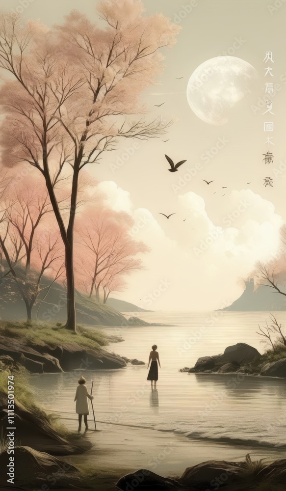 painting of a couple walking in a river with a bird flying overhead painting of a couple walking in a river with a bird flying overhead