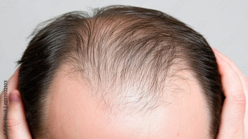 Person examining thinning hair in mirror, reflecting on aging and self-care. Embracing natural changes and prioritizing health and well-being. Person examining thinning hair in mirror, reflecting on aging and self-care. Embracing natural changes and prioritizing health and well-being.