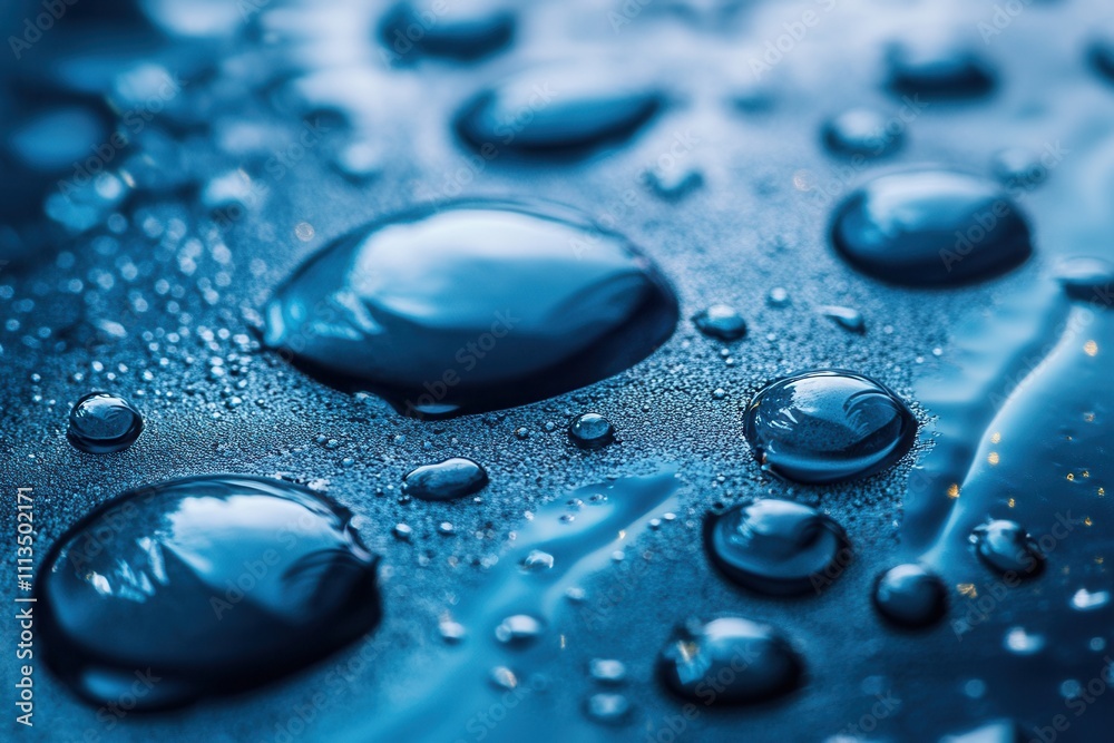 Macro shot of water droplets on a dark blue surface. Macro shot of water droplets on a dark blue surface.