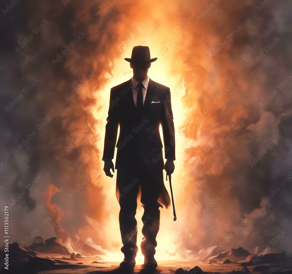 Obraz premium Illustration of man in suit silhouette with dramtaic background.