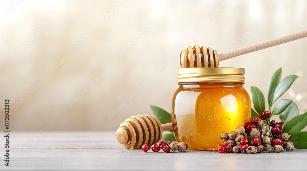 Golden Honey Jar with Wooden Dippers Cozy Kitchen Setting Food Photography Bright and Inviting Atmosphere Close-up View Sweet Delights
