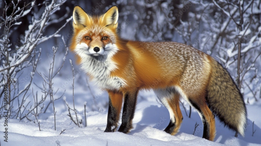 A red fox stands in a snowy landscape, showcasing its vibrant fur and natural habitat. A red fox stands in a snowy landscape, showcasing its vibrant fur and natural habitat.