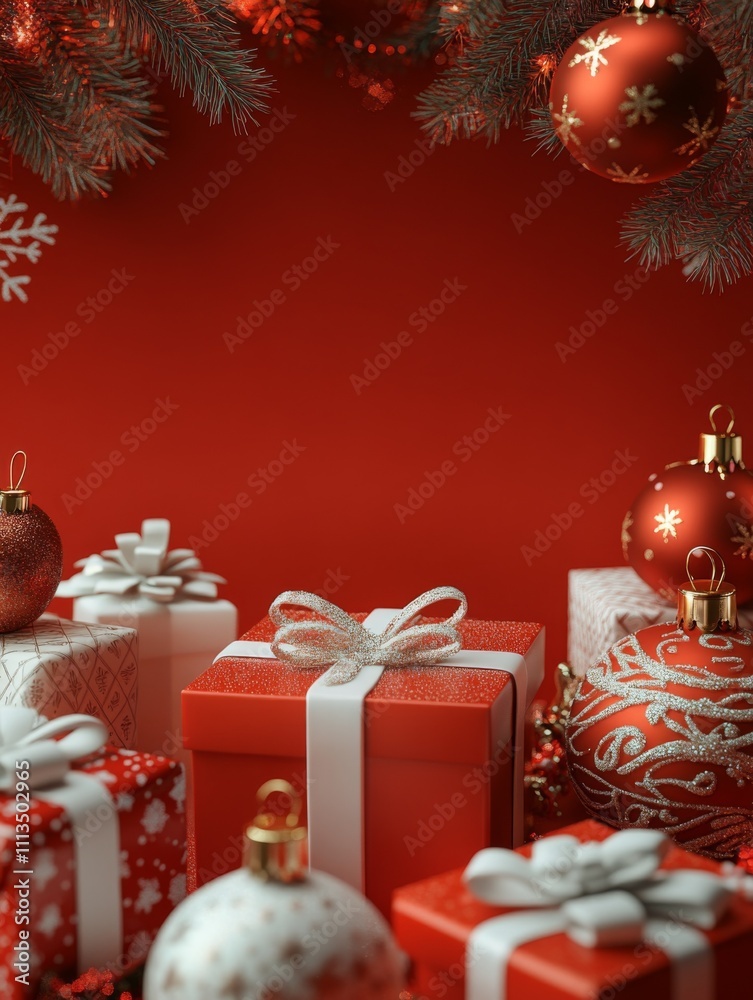 Festive Christmas Scene with Red and White Gift Boxes and Ornaments on a Red Background with Pine Branches Festive Christmas Scene with Red and White Gift Boxes and Ornaments on a Red Background with Pine Branches