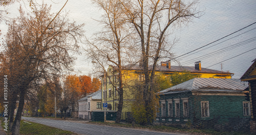 Street with a few houses and trees Street with a few houses and trees
