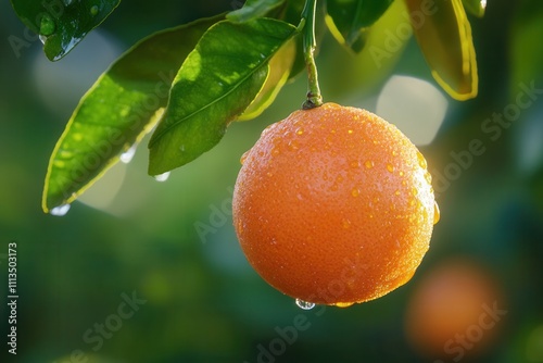 Ripe orange with dew drops hanging from a tree branch.
