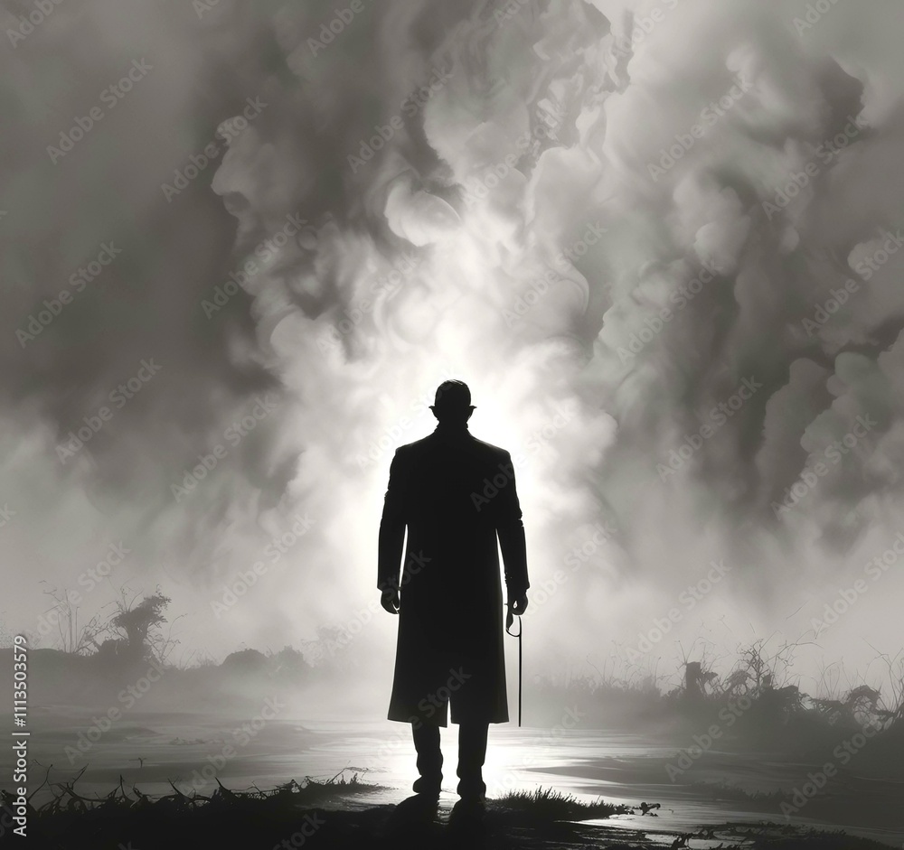 Illustration of man in suit silhouette with dramtaic background. Illustration of man in suit silhouette with dramtaic background.