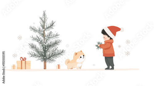 Joyful Holidays with Dog: A charming illustration of a child in a Santa hat decorating a Christmas tree with their dog nearby. Perfect for seasonal greetings and winter celebrations. 