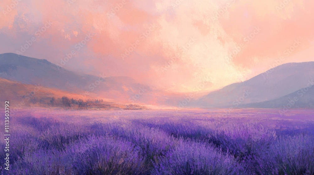 Fototapeta premium Lavender Field at Sunrise with Mountains and a Painted Sky