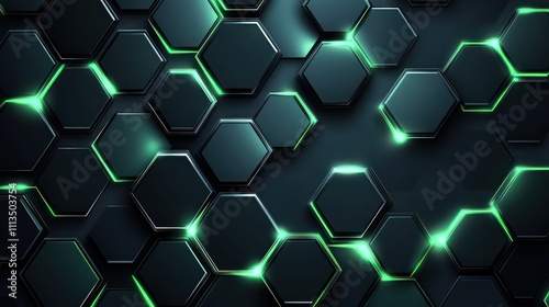 Abstract 3d metallic technology background with neon light green glowing a combination hexagon pattern composition. Modern dark cover vector template design for use wallpaper, frame, element banner